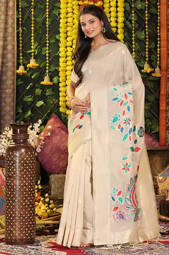 cream cotton blend saree with multi-color floral embroidery