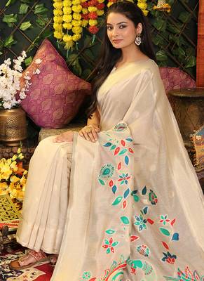 cream cotton blend saree with multi-color floral embroidery 4