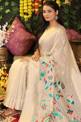 cream cotton blend saree with multi-color floral embroidery