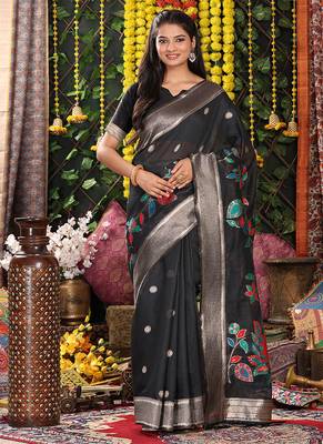 black cotton blend saree with multi-color floral embroidery 1