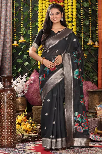 black cotton blend saree with multi-color floral embroidery