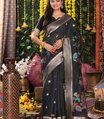 black cotton blend saree with multi-color floral embroidery