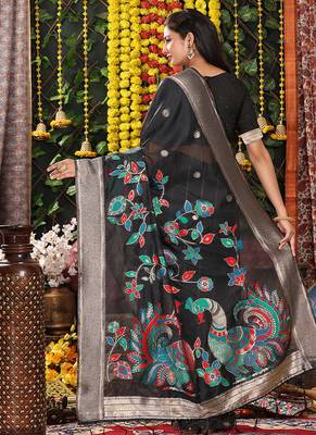 black cotton blend saree with multi-color floral embroidery 2