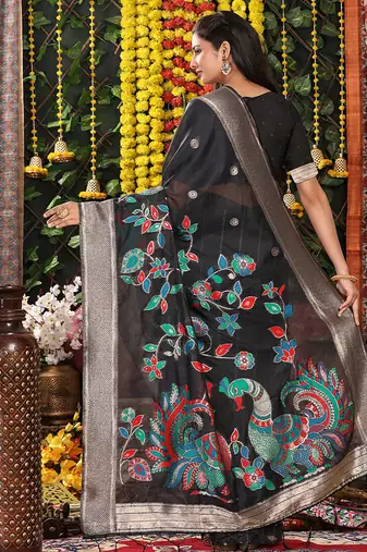 black cotton blend saree with multi-color floral embroidery