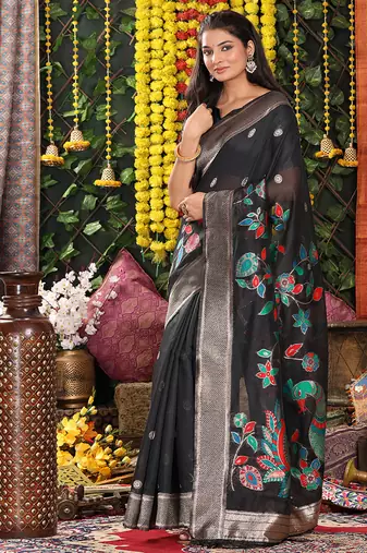 black cotton blend saree with multi-color floral embroidery