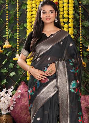 black cotton blend saree with multi-color floral embroidery 4