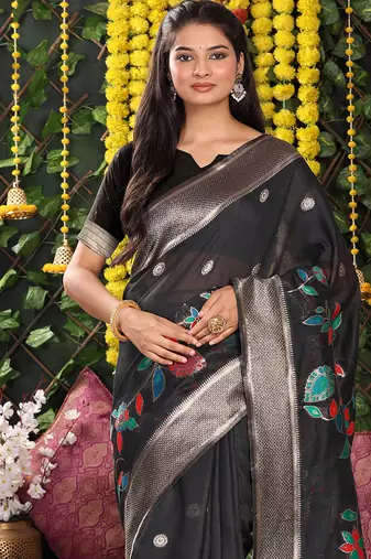 black cotton blend saree with multi-color floral embroidery