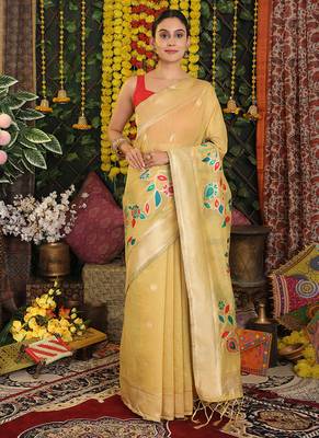 yellow cotton blend saree with multi-color floral embroidery 1