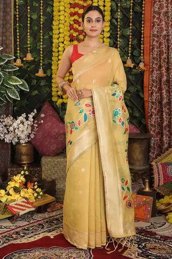 yellow cotton blend saree with multi-color floral embroidery