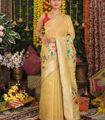 yellow cotton blend saree with multi-color floral embroidery