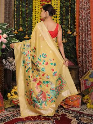 yellow cotton blend saree with multi-color floral embroidery 2