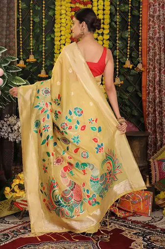 yellow cotton blend saree with multi-color floral embroidery