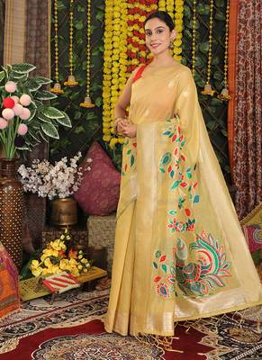 yellow cotton blend saree with multi-color floral embroidery 3