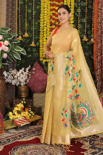 yellow cotton blend saree with multi-color floral embroidery