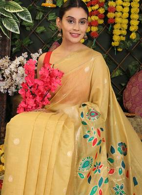yellow cotton blend saree with multi-color floral embroidery 4