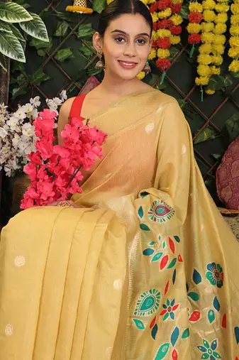 yellow cotton blend saree with multi-color floral embroidery