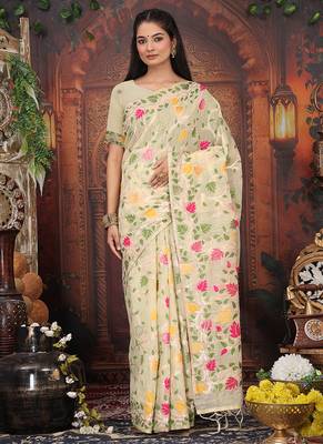 cream cotton blend saree with colorful woven floral motifs 1
