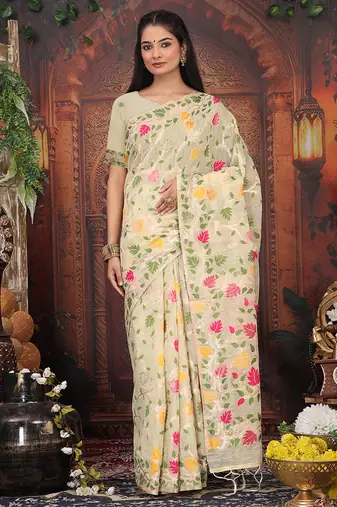 cream cotton blend saree with colorful woven floral motifs