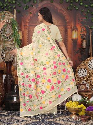 cream cotton blend saree with colorful woven floral motifs 2