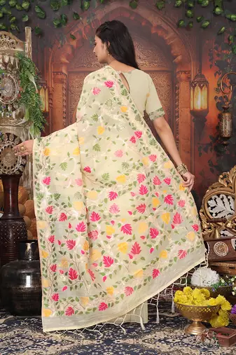 cream cotton blend saree with colorful woven floral motifs