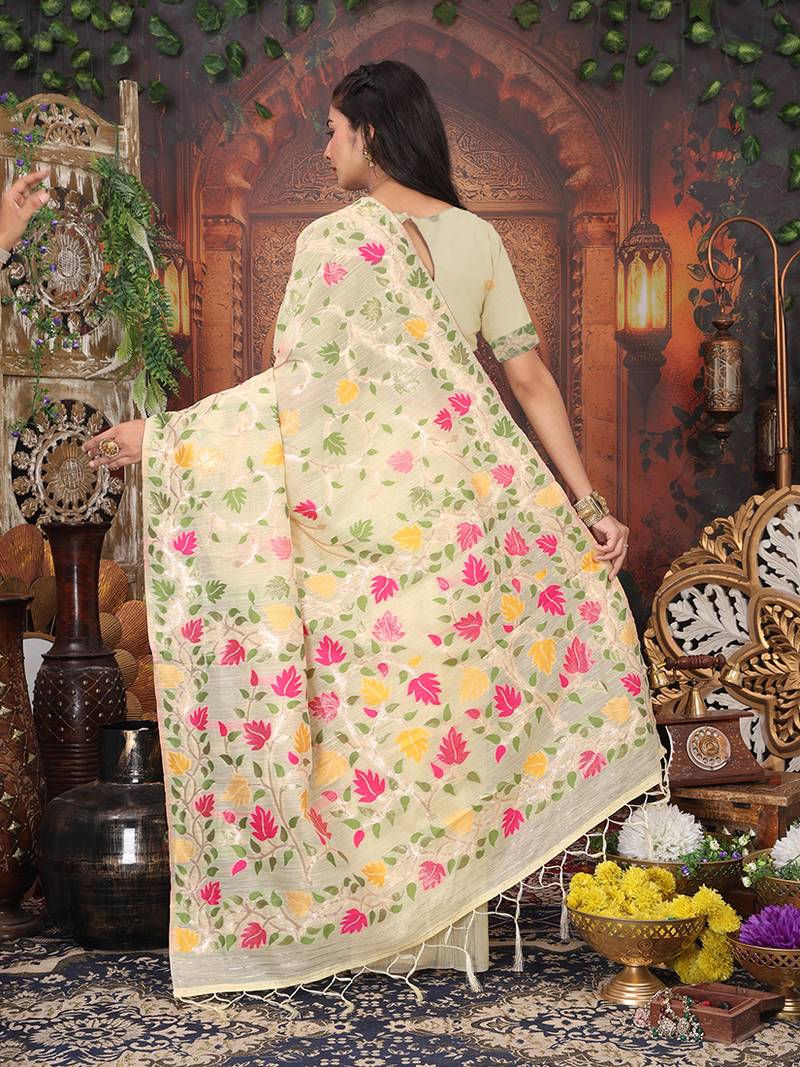 cream cotton blend saree with colorful woven floral motifs