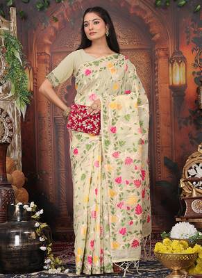 cream cotton blend saree with colorful woven floral motifs 3