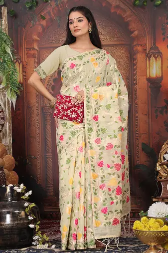 cream cotton blend saree with colorful woven floral motifs