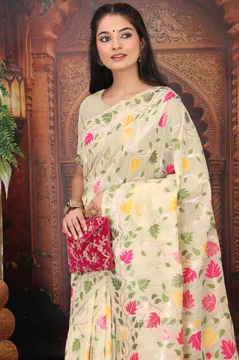 cream cotton blend saree with colorful woven floral motifs