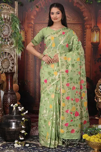 light green cotton blend saree with colorful woven floral motifs