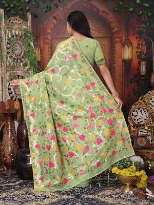 light green cotton blend saree with colorful woven floral motifs 2