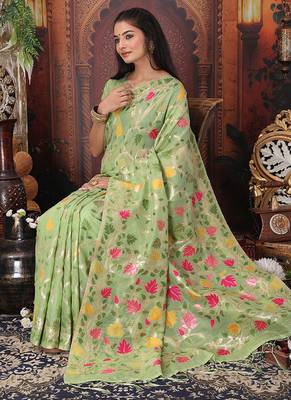 light green cotton blend saree with colorful woven floral motifs 3