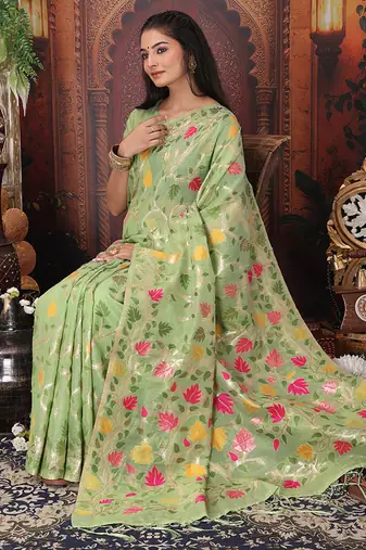 light green cotton blend saree with colorful woven floral motifs