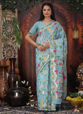 sky blue cotton blend saree with colorful woven floral motifs 1