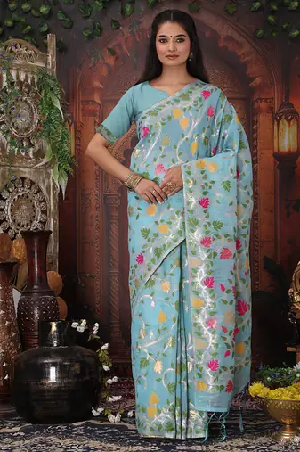 sky blue cotton blend saree with colorful woven floral motifs