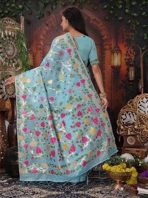 sky blue cotton blend saree with colorful woven floral motifs 2