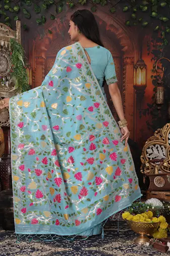 sky blue cotton blend saree with colorful woven floral motifs