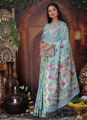 sky blue cotton blend saree with colorful woven floral motifs 3