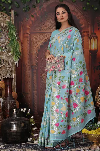 sky blue cotton blend saree with colorful woven floral motifs
