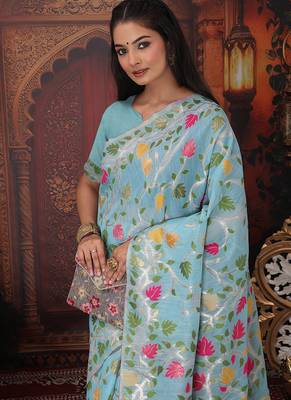 sky blue cotton blend saree with colorful woven floral motifs 4