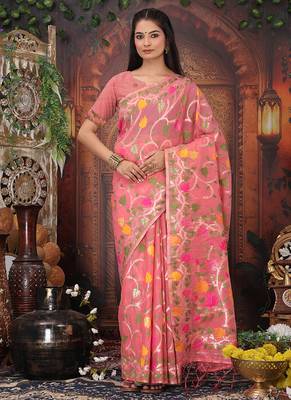 onion pink cotton blend saree with colorful woven floral motifs 1