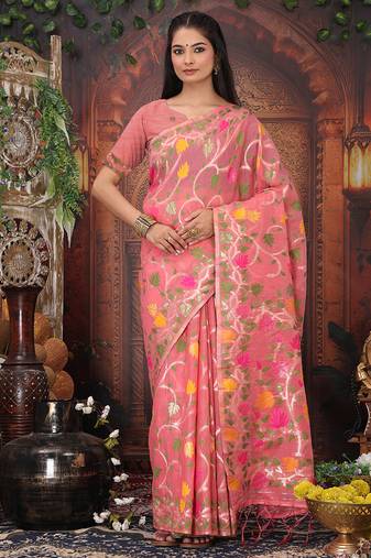 onion pink cotton blend saree with colorful woven floral motifs