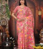 onion pink cotton blend saree with colorful woven floral motifs