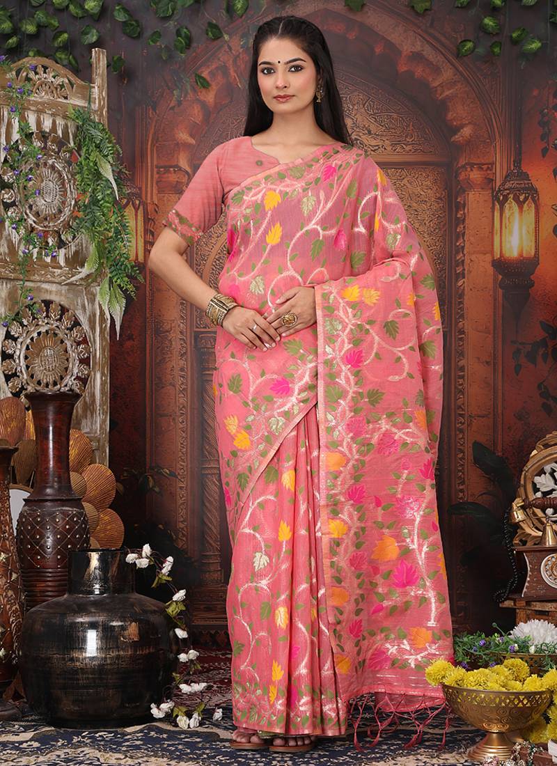onion pink cotton blend saree with colorful woven floral motifs