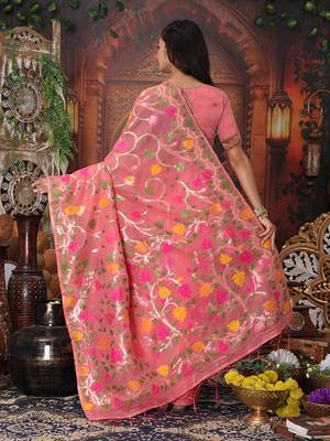 onion pink cotton blend saree with colorful woven floral motifs 2