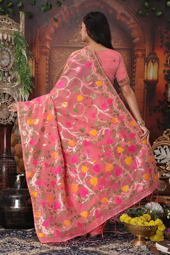 onion pink cotton blend saree with colorful woven floral motifs