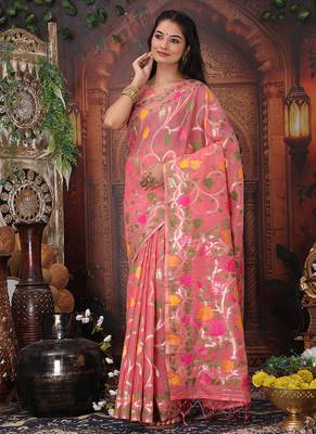 onion pink cotton blend saree with colorful woven floral motifs 3
