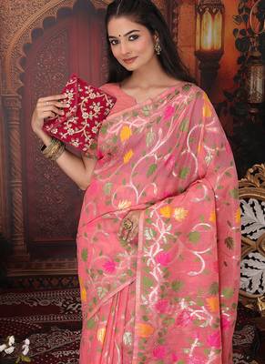 onion pink cotton blend saree with colorful woven floral motifs 4