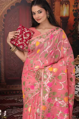 onion pink cotton blend saree with colorful woven floral motifs