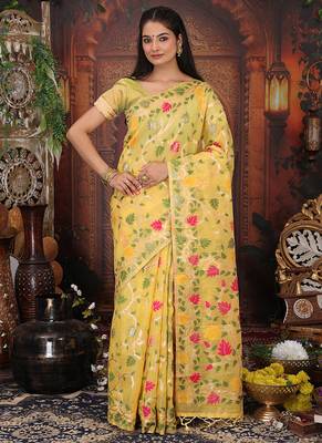 yellow cotton blend saree with colorful woven floral motifs 1