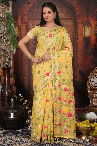 yellow cotton blend saree with colorful woven floral motifs